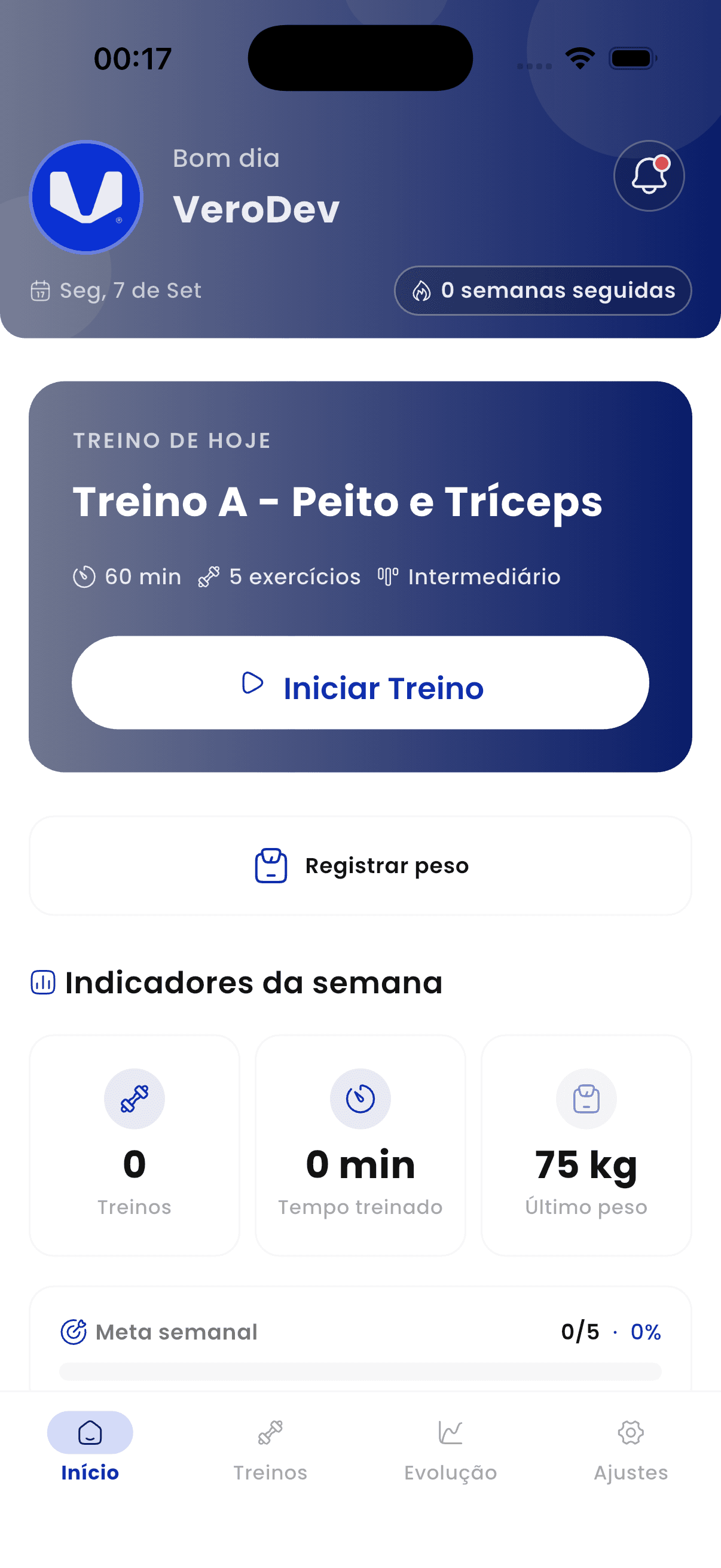 Tela inicial do aplicativo VeroFit para o aluno