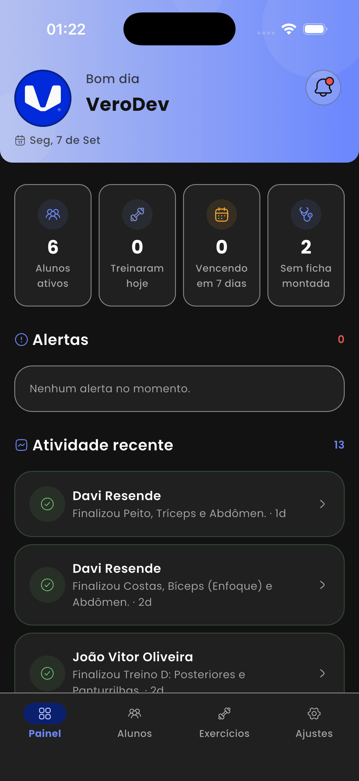 Tela inicial do aplicativo VeroFit para o treinador